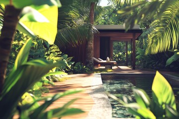 3D realistic render of a modern art film-inspired landscape, combining lush vegetation, diverse...