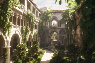 3D realistic render of a modern art film-inspired landscape, combining lush vegetation, diverse...