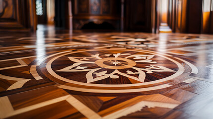 Intricate parquet flooring detail in a luxurious interior.