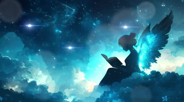 silhouette of an angel sitting on a cloud and reading a book at night in a sky full of stars and moon. Virtual 4K video animation background with looping time lapse with very smooth graphics.