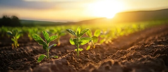 Sunlit seedlings growing in fertile soil at sunrise.