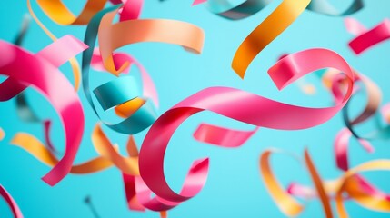 Colorful ribbons floating against a bright blue background