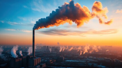 Fototapeta premium Industrial smokestack emitting dark smoke over a city at sunset.