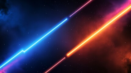 Dynamic neon light beams intersecting in a cosmic space environment at night