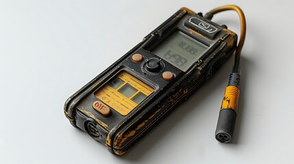 Worn gas detector with a digital display and probe, showing signs of use and wear.