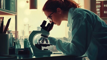 A scientist examines samples under a microscope in a laboratory setting.
