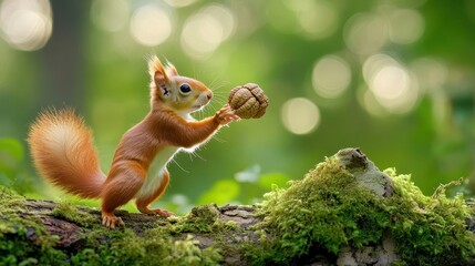 Fototapeta premium Red squirrel holding a nut on a mossy log in a forest.