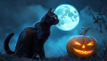black cat with arched back staring at a glowing pumpkin under the moonlight