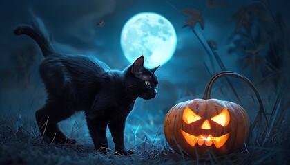 black cat with arched back staring at a glowing pumpkin under the moonlight