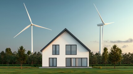 Modern House with Wind Turbines in Lush Green Landscape