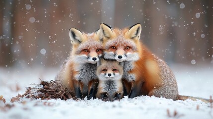 Obraz premium Family of Foxes Cozy Together in Winter Snowy Landscape