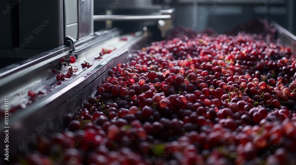 Aufkleber freshly harvested red grapes fill a large conveyor belt in a processing area, where they are sorted 