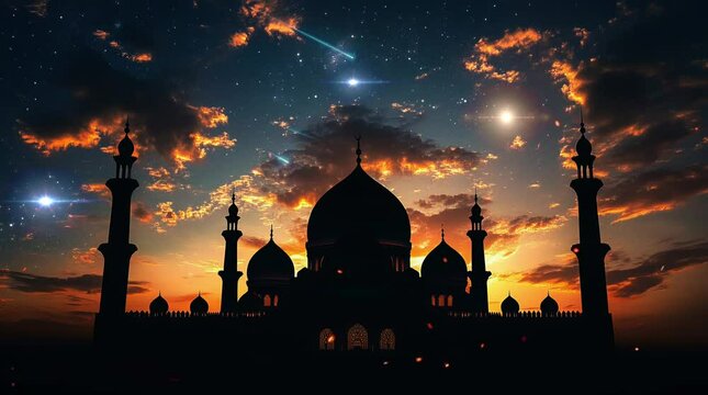 silhouette of mosque in the sunset. Virtual 4K video animation background with looping time lapse with very smooth graphics.