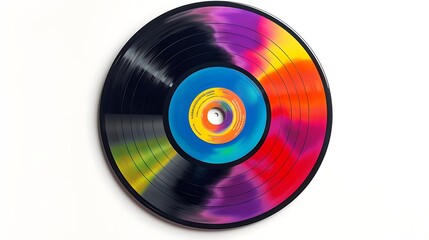 Colorful vinyl record with vibrant rainbow gradient design isolated on white background.