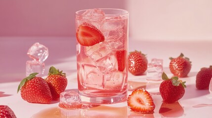 Pink strawberry iced beverage in a glass, surrounded by fresh strawberries and ice cubes on a pastel pink background.