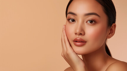 Young Asian beauty woman with natural makeup style, Perfect skin on isolated beige and clean background, Facial treatment Cosmetology plastic surgery and skincare product.