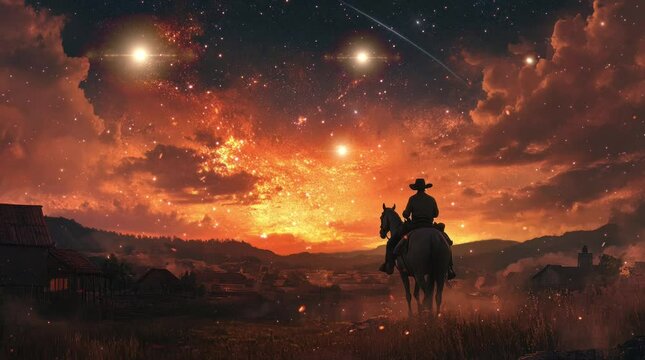 landscape silhouette of a cowboy riding a horse at night with a view of clouds and stars. Virtual 4K video animation background with looping time lapse with very smooth graphics.
