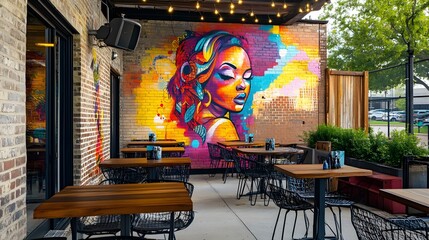 Naklejka premium Colorful Urban Street Art on Outdoor Cafe Wall