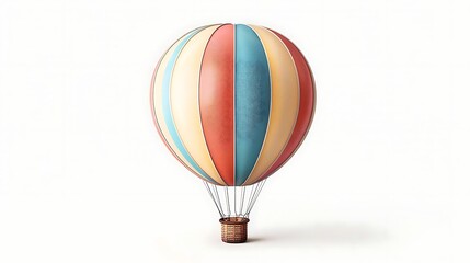 Vintage-style hot air balloon with red, blue, and beige stripes, isolated on white background.