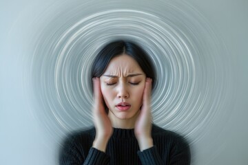 Dizziness effects: Portraying woman experiencing vertigo, capturing physical confusion, emotional impact of balance challenges, health struggles, wellness, medical issues.