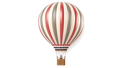 Obraz premium Vintage striped hot air balloon with a wooden basket, isolated on white background.