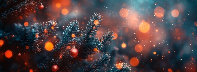 A Christmas tree with many ornaments and a lot of snow. The snow is falling and the tree is lit up