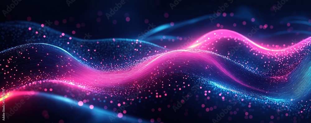 Poster abstract digital tech backdrop. flowing lines, vibrant dots create dynamic waves. colorful lines, gl