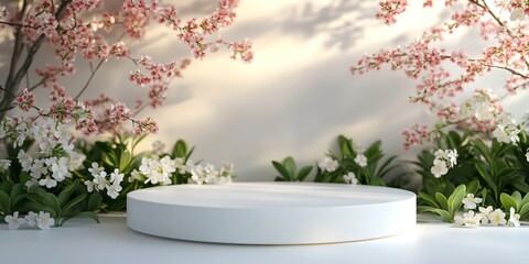 A white pedestal with a white background and pink flowers in the foreground. The flowers are in full bloom and the background is a wall with a white trim