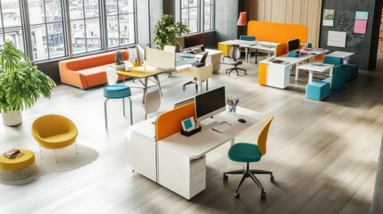 Modern open-plan office with colorful furniture, desks, and plants.