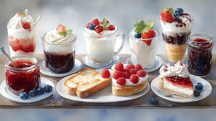 Obraz premium A delightful assortment of desserts and jams on a tray, showcasing sweets and fruits.