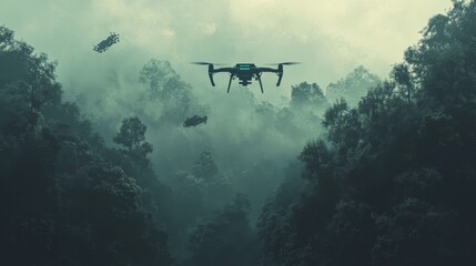 Fototapeta premium An AI-powered surveillance drone flying over a forest, capturing environmental data