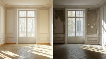 Empty room before and after renovation.