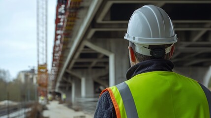 A close-up of a civil engineer inspecting a bridge structure, wearing a hard hat and safety vest, Bridge construction site scene