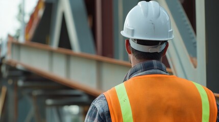 A close-up of a civil engineer inspecting a bridge structure, wearing a hard hat and safety vest, Bridge construction site scene