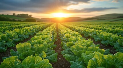 Rich lettuce rows stretch across vast agricultural field under vibrant sunset. Sustainable farming symbolized by abundant green leaves. Rows of crops neatly arranged in vast landscape. Golden sunset
