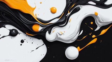 Abstract fluid art featuring swirling black, white, and orange paint textures.