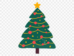 Hand drawn Christmas tree with chalk style decorations and childlike lines on  transparent background, perfect for festive designs. vector