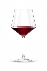 A wine glass is filled with red wine. The wine glass is tall and slender, with a long stem. The wine is almost full, with a small amount of space left at the top