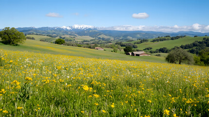 Meadow with vibrant yellow wildflowers and lush green grass leading to snow-capped mountains under a clear blue sky