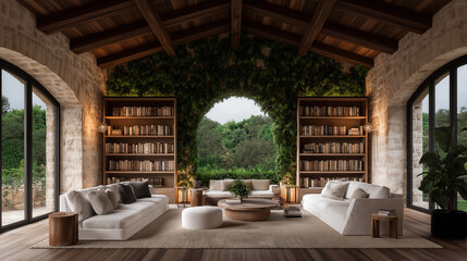 Fototapeta premium Rustic Retreat: A cozy living room nestled in a stone and wood-beamed farmhouse, featuring floor-to-ceiling bookshelves, a lush green wall, and a view of the serene outdoors. 