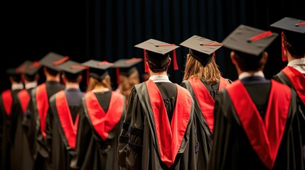 A graduation ceremony with students in caps and gowns receiving their diplomas on stage