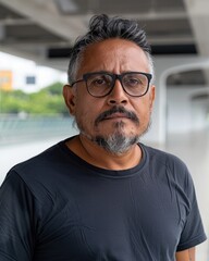 Obraz premium A serious-looking man with glasses and a beard stands in a modern setting, wearing a black shirt, conveying a thoughtful expression.