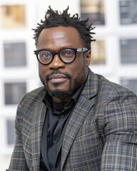 Obraz premium A stylish man with textured hair and glasses poses confidently in a patterned blazer against a blurred background.