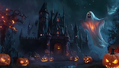dark castle with glowing pumpkins and hovering ghost