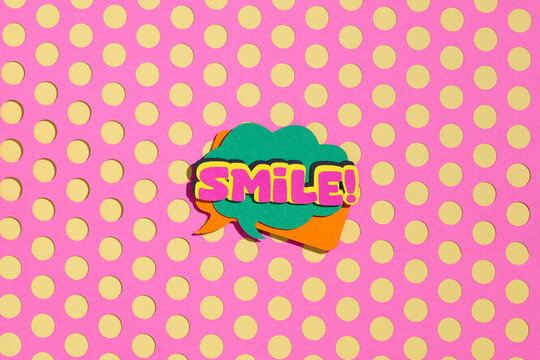 Colorful Pop Art SMILE! Text On Polka Dot Background