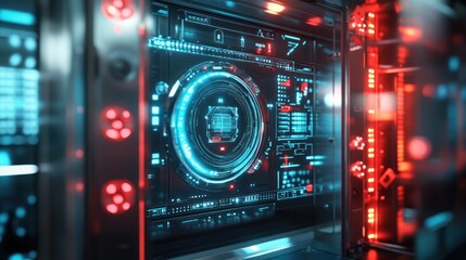 Fototapeta premium Futuristic digital interface with glowing displays and technological elements.