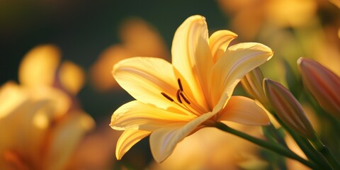 Obraz premium Yellow daylily flower blooming in a garden during warm golden hour sunset.