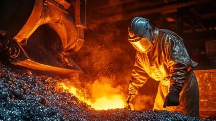 A close-up of a steelworker in protective gear, operating a large furnace with molten metal glowing intensely in a foundry, Steel foundry scene