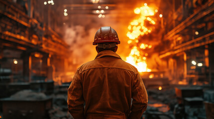 Factory worker in protective gear facing industrial fire in a steel plant