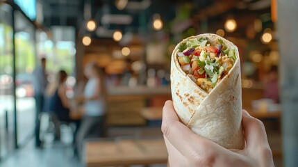 A person holding a Chipotle burrito, ready to take a bite, with a casual dining setting in the background